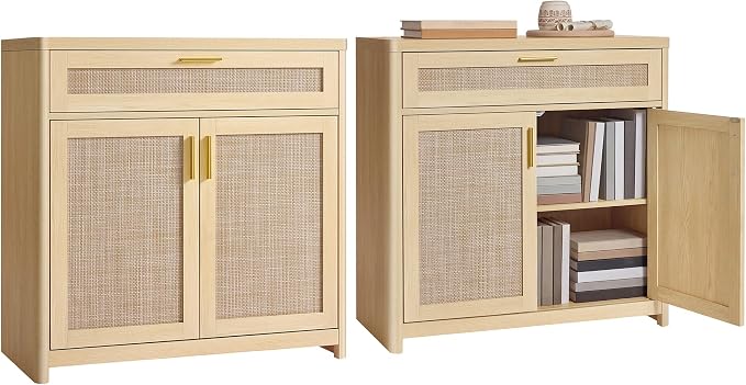 VASAGLE ELLAN Collection - Boho Buffet Cabinets with Rattan-Look Doors, Sideboard Storage Cabinet, Rounded Corners, Adjustable Shelf, Drawer, for Dining Room, Set of 2, Oak Beige UBBK601YC01-2J by Unknown