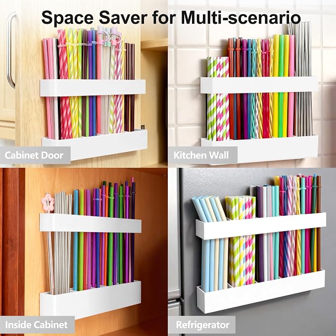 9.5” Large Acrylic Straw Holder for Cabinet Door, Adjustable Two-Part | Reusable Straws Organizer with Ultra Sticky Adhesive Strips, 2026 Straw Storage for Kitchen Cupboard (White) - Image 4