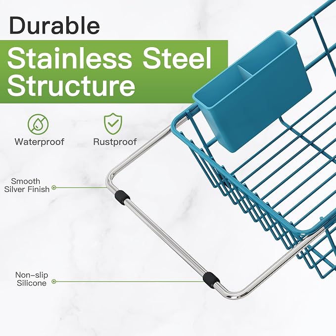 JASIWAY Blue Dish Drying Rack in Sink with Drainboard and Utensil Holder | Use Over the Sink or Counter, Stainless Steel Expandable Dish Drainer for Small Kitchen, Space Saving, Fast Drain, Rustproof - Image 7
