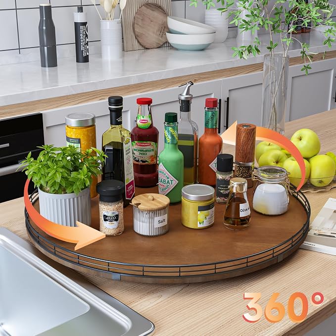 AMH 24-Inch Extra Large Farmhouse Oak Lazy Susan Organizer, Walnut Finish | Smooth rotating oak tray with walnut finish for dining tables, kitchen counters, pantries and cabinet storage. - Image 2