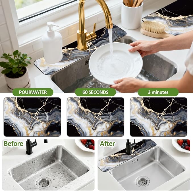 3 Pcs 2 Size Kitchen Sink Splash Guard Faucet Mat Blue and White Floral Pattern Faucet Mats for Sinks Absorbing Drying Mat for Kitchen Bathroom - Image 4