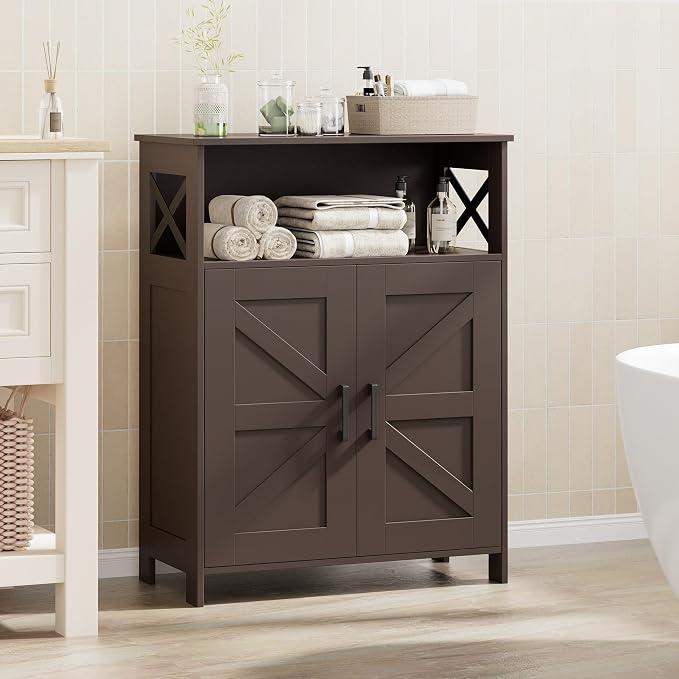 Homhedy Farmhouse Bathroom Storage Cabinet with Doors, Small Floor Cabinet | Toilet Paper Cabinet with Adjustable Shelf, Freestanding Storage Cabinet for Kitchen/Laundry/Living Room, 24"W, Brown - Image 2