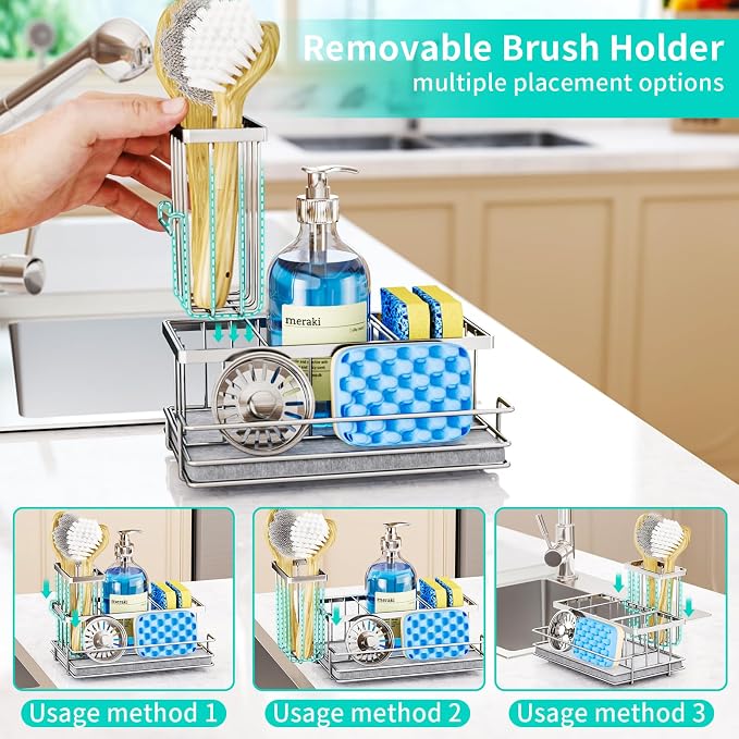 HapiRm Sink Caddy Sponge Holder - Kitchen Sink Organizer with Instant Drying Stone and Brush Holder, Stainless Steel Sponge Caddy for Kitchen Countertop - Silver - Image 3