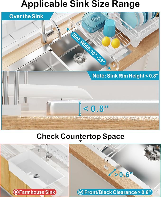 Expandable Dish Drying Rack - Countertop with Sink Extension, White | 12.6"-22.4" Adjustable Length, Extra Drying Space, Auto-Drain Spout, Large-Capacity, Removable Utensil Holder, Rust-Resistant - Image 3