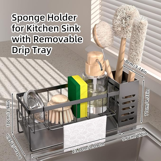 304 Stainless Steel Over Sink Caddy Sponge Soap Organizer Gray | Auto sloped drainage with removable tray, 3 divided spaces for sponge & soap, rustproof steel, no installation needed - Image 2
