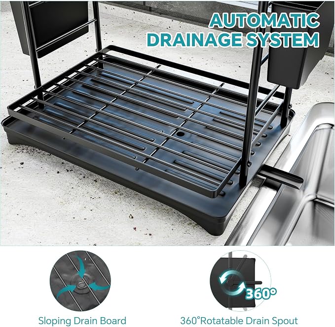 Simple Trending Dish Rack, Dish Drying Rack 2 Tier, Stainless Steel Dish Drainers with Utensil Holder and Drainboard for Kitchen Sink Organizers, 11.875" W x 16.625" D, Black - Image 7