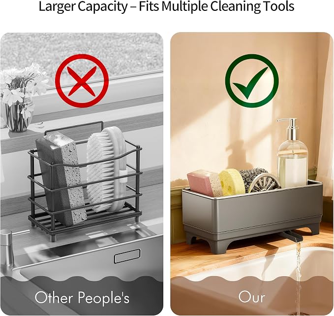 MOUKABAL Sponge Holder for Kitchen Sink, Rustproof Stainless Steel Grey | Large Capacity/360° Rotating Drain Keeps Counter Dry/Holds Sponges & Soap Bottle/Easy-Clean Removable Tray - Image 4