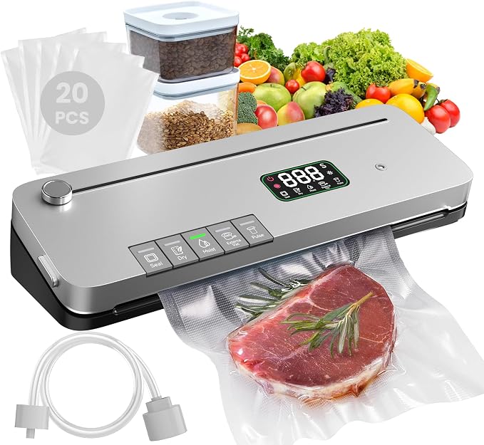 Food Vacuum Sealer Machine 75kPa, Built-in Cutter, Pulse Function, Digital Timer Dry/Moist Modes, External Vacuum for Jars, 20 Bags Included, Compact Design for Meal Prep Sous Vide and Bulk Storage by Unknown