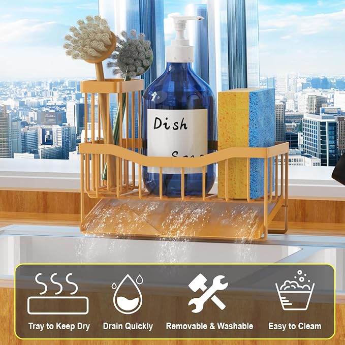 Fssvcd Maifan Sink Caddy Sponge Holder for Kitchen with Brush Holder and Stainless Steel Self Drain Tray, Rustproof Kitchen Sink Organizer for Sponge, Soap Dispenser Storage Accessories - Image 2