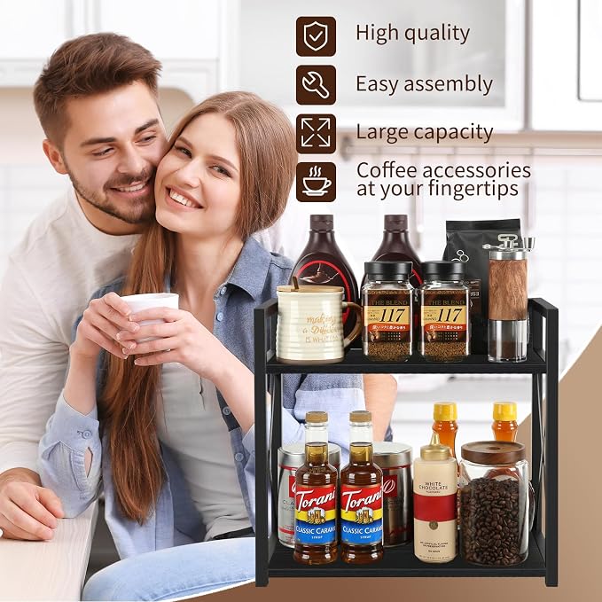 YINMIT Kitchen Countertop Organizer,Spice Rack,Coffee Bar Shelf Organizer | 2-Tier Coffee Station,Seasoning Storage,Syrup,Mug Cup,Bottle Holder,Bathroom Vanity,Pantry,Bedroom and Office,Black,Large - Image 7