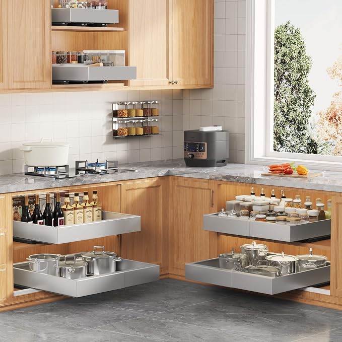 Seinloes 4 Pack Expandable Pull Out Cabinet Organizer 21"Deep With Raising Pad for Framed Cabinets,Slide Out Drawers With 4pcs Divider Racks,No Drill Roll Out Shelf,Adjustable Width 12.05"-20.4"Silver - Image 6