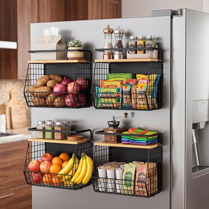 Magnetic Shelf for Fridge with Wood Lid, Fruit Potato and Onion Storage Bins, Pantry Organizers & Storage, Large Container Magnetic Spice Rack for Refrigerator, Kitchen Counter (Black, 2) - Image 2
