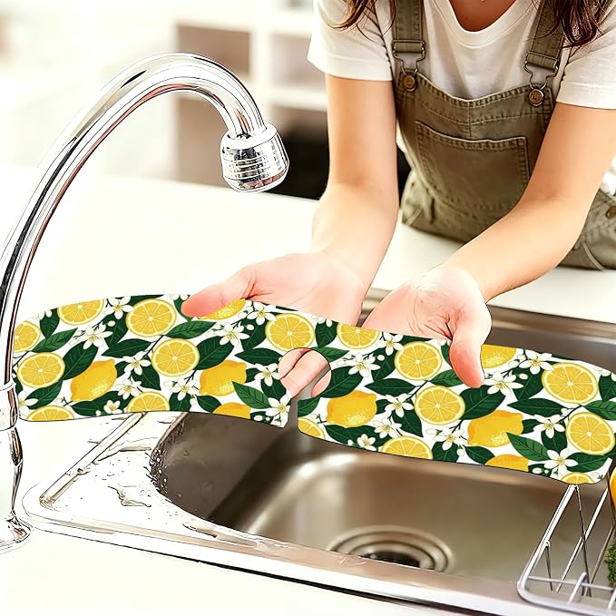 2 Pcs Kitchen Sink Splash Guard Faucet Mat Lemon Flowers and Leaves Pattern Faucet Mat for Sinks Flower Absorbing Drying Mats for Kitchen Bathroom - Image 6