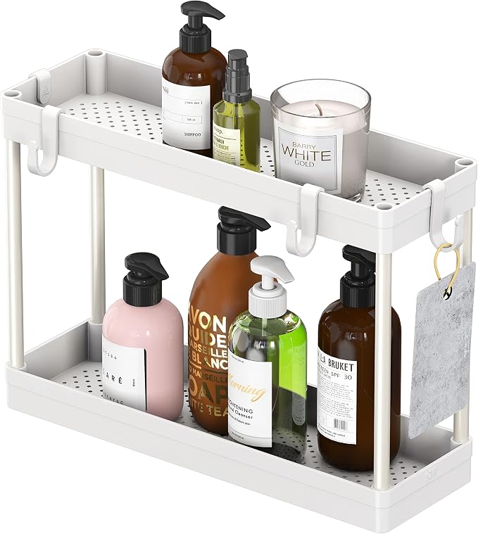 Simple Houseware 2-Tier Under Sink Organizer Storage Tray with Hooks, White - Image 2