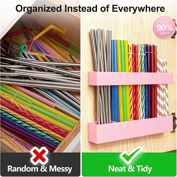 9.5” Large Acrylic Straw Holder for Cabinet Door, Adjustable Two-Part | Reusable Straws Organizer with Ultra Sticky Adhesive Strips, 2026 Straw Storage for Kitchen Cupboard (Rose Stone) - Image 6
