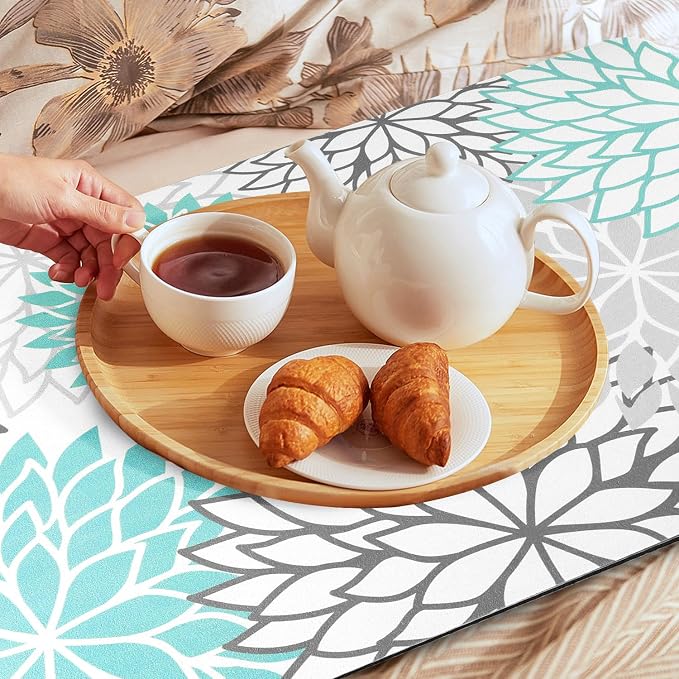 Findosom Dish Drying Mat, 12" x 20" Super Absorbent Dish Mat with Floral, Hide Stain Drying Mat for Kitchen Counter, Under Dish Rack, Coffee Maker, Espresso Machine, Teal - Image 9