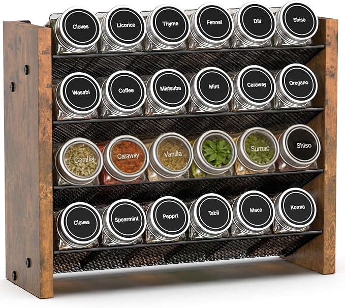 Spice Rack Organizer for Cabinet, Seasoning Organizer, No Jars Included | Wall Mount, Holds 24 Standard 4 oz Jars, Fits Jars Under 1.8 in Wide, 4-Tier Kitchen Countertop Shelf, 12.2" W x 10.3" H by NESAPTO