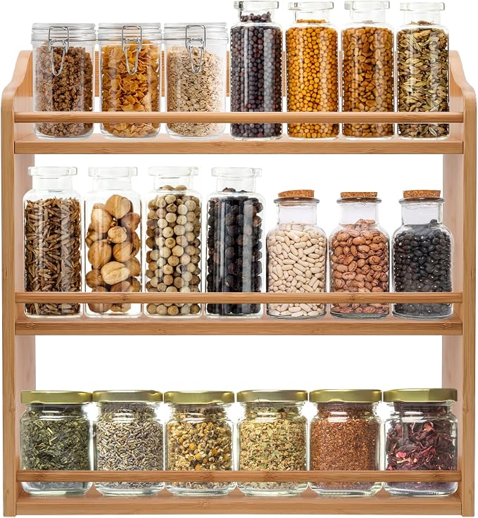 3 Tier Bamboo Spice Rack Wall Mount or Countertop,Spice Organizer | Seasoning Jars Rack Spice Shelf Organizer for Kitchen Counter or Wall Mounting by FoverOne