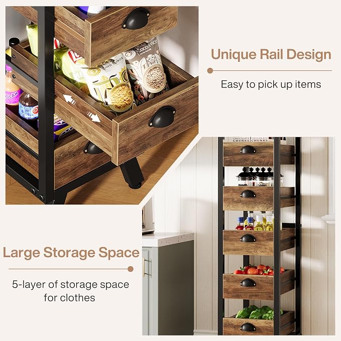 Tribesigns 5-Tier Narrow Kitchen Stand Fruit and Vegetable Storage Rack | Wood Corner Snack Stand Kitchen Stand Fruit Basket, Pull-Out Utility Organizer for Kitchen, Living Room, Rustic Brown - Image 7
