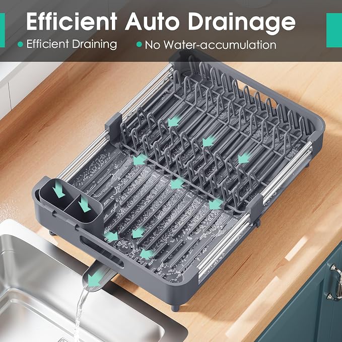 TOOLF Expandable Dish Drying Rack with Cutlery Holder, Standard, Grey | Over or In Sink Stainless Steel Dish Drainers for Compact Kitchen, Space Saving, Fast Drain, Rustproof, For 1-3 people - Image 6