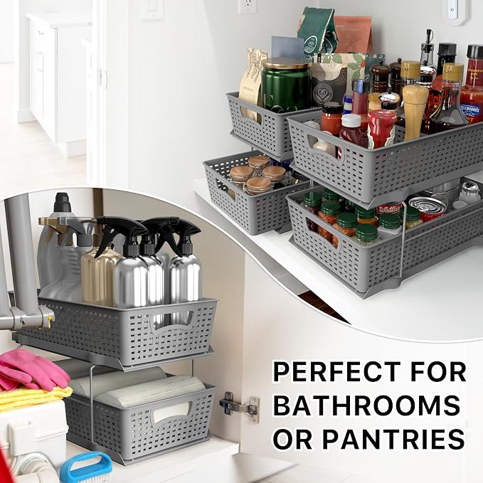 Simple Houseware 2 Tier Pull-Out Sliding Drawer Under Sink Storage, Gray | Great for Kitchen Bathroom Tray Shelf Organizer - Image 8