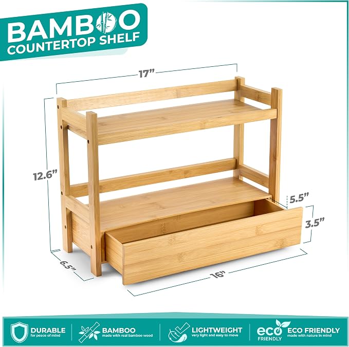 Sorbus 2-Tier Bamboo Countertop Shelf with Hidden Drawer for Vanity, Matcha Shelf, Bathroom Storage Cabinet, Under Sink Organizer, Bathroom Storage, Matcha Station Shelf (17″ L x 6.5″ W x 12.6″ H) - Image 3