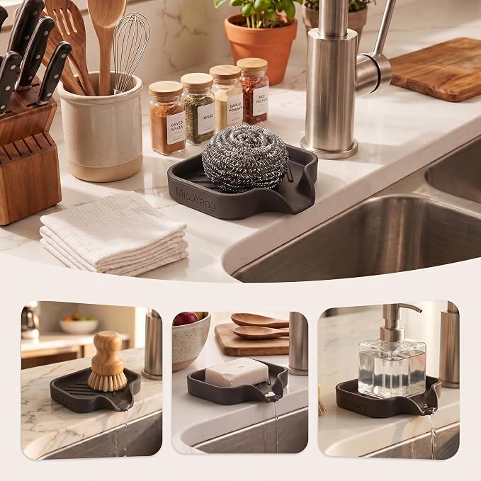 MicoYang Silicone Soap Dish with Drain Spout, Self-Draining Sink Organizer Tray for Bathroom and Kitchen, Sponges, Dispensers and Soap Holder, Non-Slip and Dishwasher Safe, Coffee (Compact, 4.9"×3.2") - Image 3