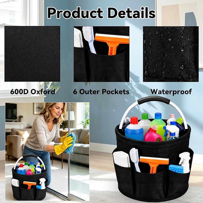 UFORU Cleaning Caddy with Handle, 17L Foldable Organizer with 6 Pockets | 600D Oxford Fabric, Durable, Waterproof, Large Capacity, Space-Saving Foldable, Multi Cleaning Bucket Bag for Home, Garden - Image 5