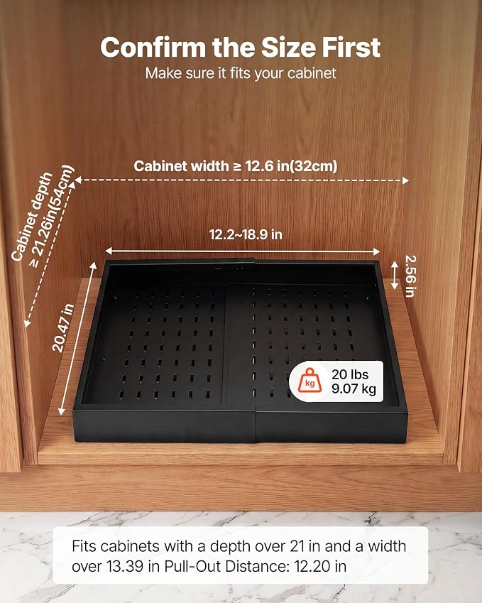 VEVOR Pull Out Cabinet Organizer, 4 Pack Expandable Width (12.2"-18.9"), 20.47" Deep Pull Out Drawers for Cabinets, Sliding Drawer for Kitchen Pantry Cabinet Organizer with Nano Adhesive Strips, Black - Image 2