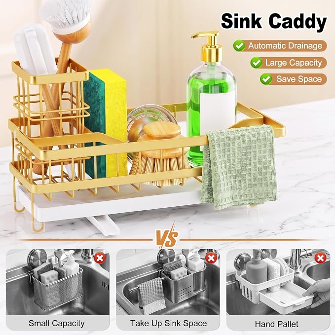 Sponge Holder for Kitchen Sink, Self-draining Sink Caddy, Gold | Metal Countertop Organizer with Towel Rack & Brush Holder, Rustproof Sink Storage Rack for Dish Soap and Cleaning Essentials - Image 4