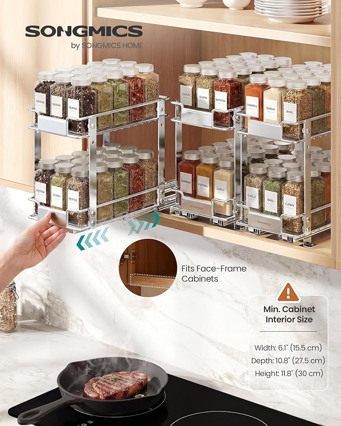 SONGMICS 4 Tier Pull Out Spice Rack for inside Cabinets, Organizer, Steel | Garbage Can, Waste Bin, with Soft Close Lid, Removable Inner Bucket, for Bathroom, White ULTB112WZ01 - Image 2