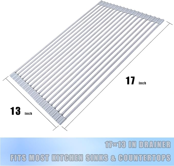 Roll up Dish Drying Rack Silicone Wrapped Stainless Steel 17in x 13in, Grey - Image 2