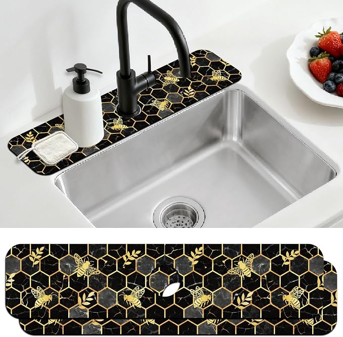2 Pcs Marble Honeycomb Kitchen Sink Splash Guard Faucet Mat | Gold-edged Faucet Mat for Sinks Bee Pattern Absorbing Drying Mat for Kitchen Bathroom, 23.6x5.5inch by CONCHLERY%E6%97%97%E8%88%B0%E5%BA%97