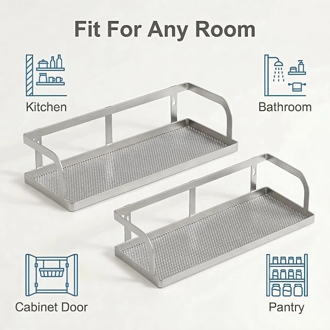 PUSDON 2-Pack Wide Hollowout Shower Caddy & Spice Rack, Wall Mount Bathroom Organizer with Mesh Bottom, Easy Access Cabinet Door Shelf Holds 50LBS - Silver Gray, Hollowout - Image 6