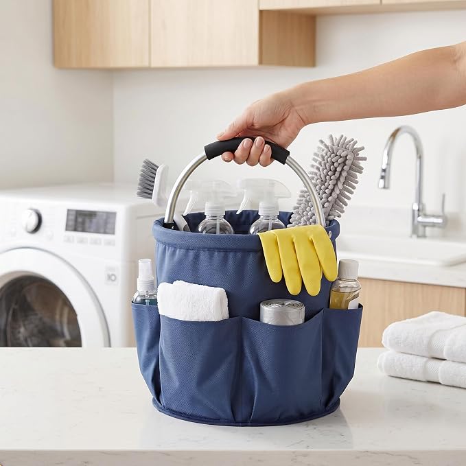 Cleaning Caddy with Handle, Large Supply Organiser 17L with 6 Pockets, Cleaning Products Organiser, Foldable Storage Basket, Portable Cleaning Caddy for Home (Blue) - Image 5
