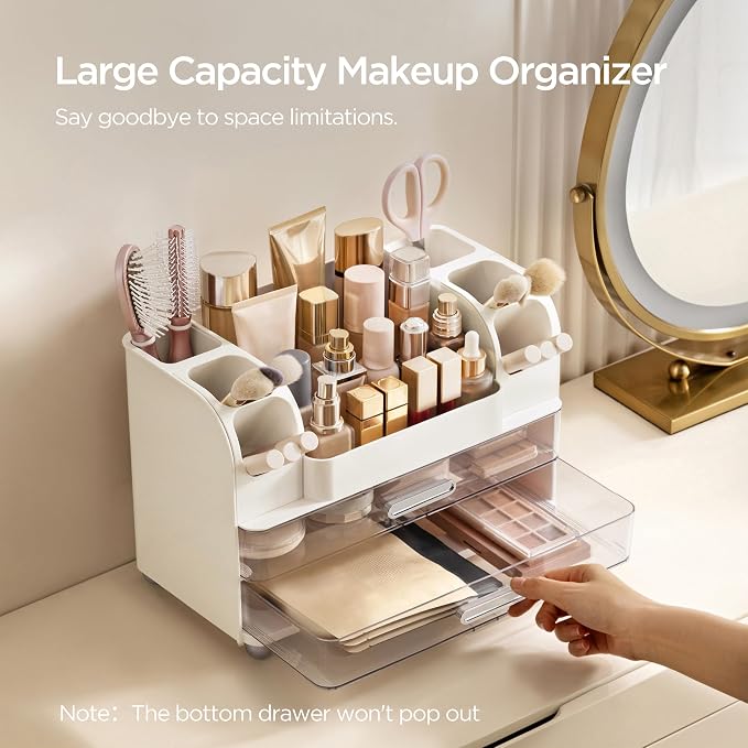 HBlife Makeup Organizer for Vanity with Brush Holder, Large Bathroom Countertop Cosmetic Organizer Skin Care Storage, Easy to Store Lipsticks, Nail Polishes, Perfumes, Eyeshadow Palettes, White - Image 2