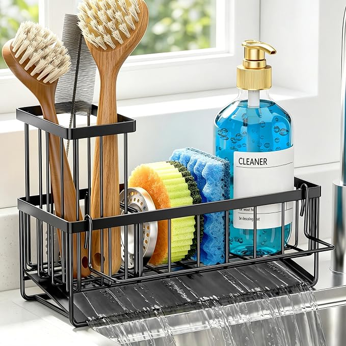 Sponge Holder for Kitchen Sink, Kitchen Sink Caddy, Kitchen Sink Sponge Holder, Dish Sponge Holder, Kitchen Sink Organizer for Sponge, Dish Brush, Scrubber(9.65" x 3.74" x 6.3", Black) by OERPHO