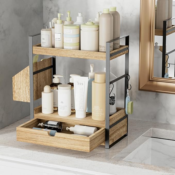 2-Tier Bathroom Counter Organizer, Wooden Vanity Shelf with Drawer & Basket | Pre-Drilled Holes, Skincare & Makeup Countertop Organizer and storage - Image 6