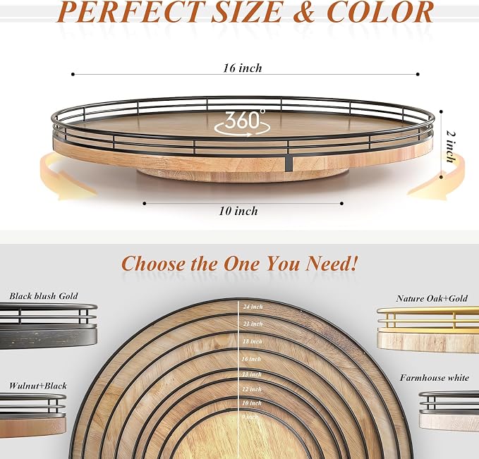 AMH 16-Inch Farmhouse Oak Lazy Susan Organizer for Table and Cabinet | Smooth rotating oak tray with walnut finish for dining tables, kitchen counters, pantries and cabinet storage. - Image 6