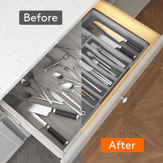 Lifewit Extra Large Silverware Drawer Organizer, Expandable Utensil Tray | BPA Free Flatware Cutlery Holder for Kitchen, Adjustable Plastic Storage for Spoons Forks Knives, 13-22 x15, Gray - Image 6