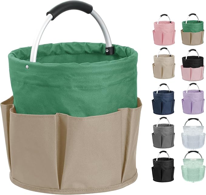 17L Foldable Cleaning Supplies Caddy with Handle, Khaki with Green | IHOMAGIC 6-Pocket Tool Bag, 600D Oxford Cleaning Tote Bucket, Portable Storage Basket Organizer for Car Detailing, Gardening by IHOMAGIC