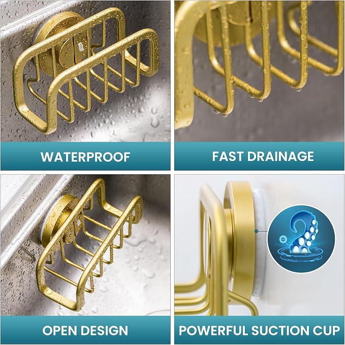 TAILI Gold Sponge Holder for Kitchen Sink with Strong Suction Cup | Removable Sink Caddy for Kitchen Sink Oganizer, Rustproof Aluminum Sink Sponge Holder for Scraper Brushes, Stoppers - Image 5