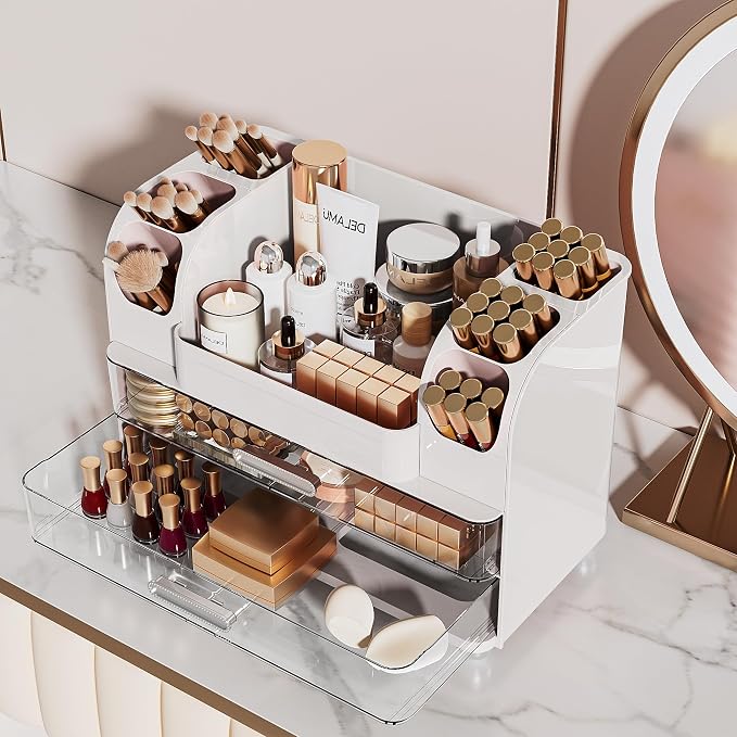 Delamu Large Makeup Organizer Countertop with 6 Brush Holders, White | Vanity Organizer with 2 Drawers, Gift for Women & Girls, Holds Perfume, Skincare, Lipstick, Nail Polish & Hair Accessories - Image 6