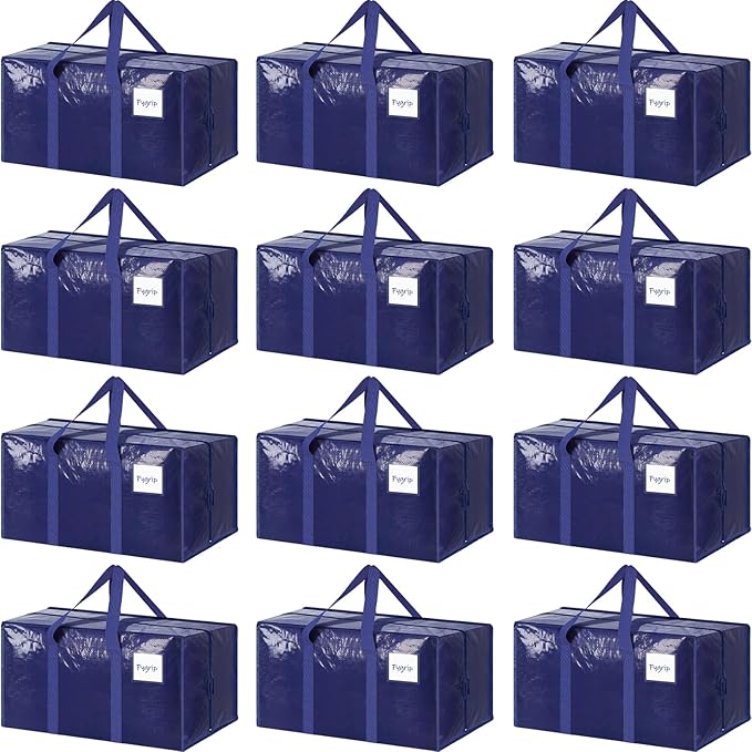 12 Pack Extra Heavy Duty Large Moving Bags with Strong Zipper, Dark Blue | Comfortable Handles, Sturdy & Durable Clothes Storage Bags Totes Bins, Blue Packing Moving Boxes for College Supplies by Fygrip