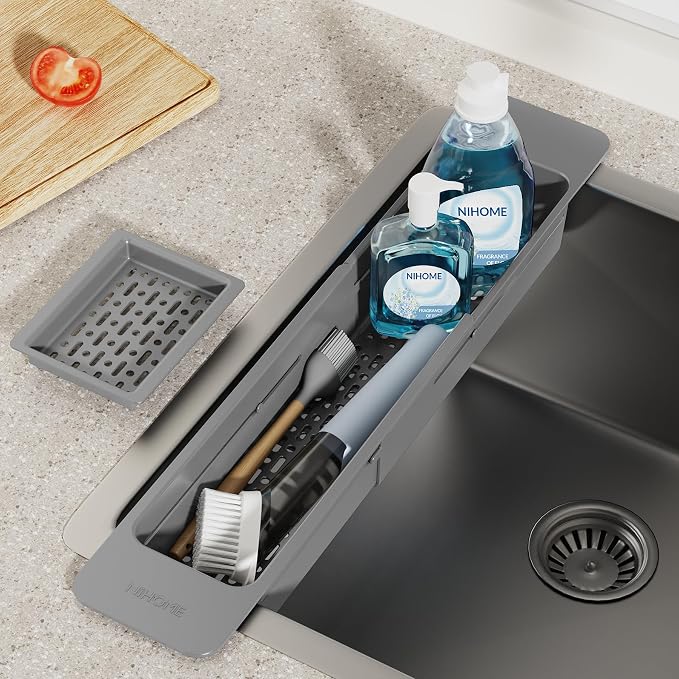 NiHome Extendable Kitchen Sink Caddy Extra Long Brush Sponge Storage Holder | Expandable Kitchen In Sink Organizer Extra Long for Brush Sponge with Drainage, Adjustable Length Non-Slip Pads (Dark Gray) - Image 2