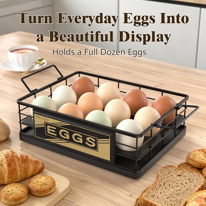 Farmhouse Egg Holder Countertop, Oak Wood & Metal Egg Basket with Handles | Stackable Rustic Egg Tray Organizer for Kitchen Counter, Holds 12 Eggs, Removable Divider for Fresh Egg Storage, Black - Image 3