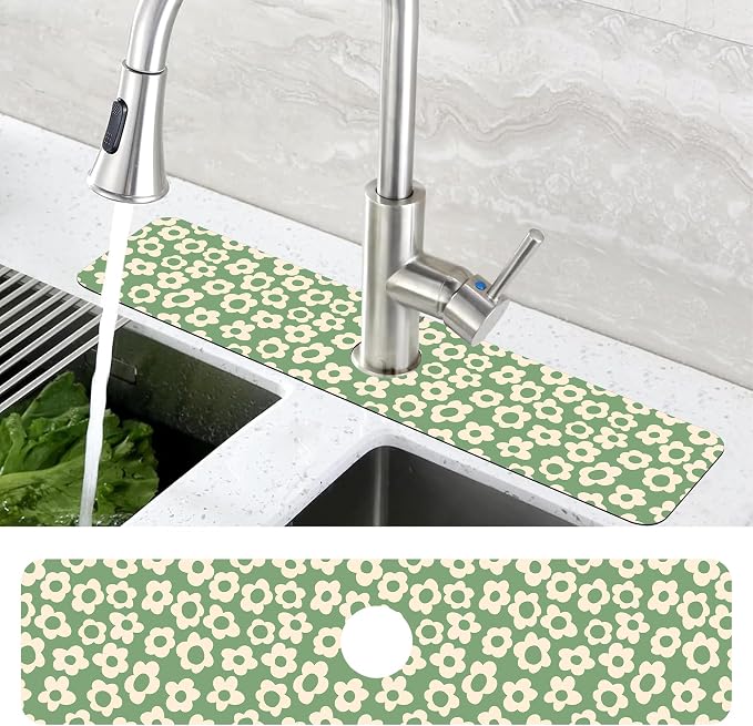 Vintage Groovy Flowers Sink Faucet Absorbing Mat Splash Guard Behind Faucet Sink Mat Absorbent Fast Drying Faucet Draining Mat for Bathroom Kitchen 5.5"×24" - Image 4