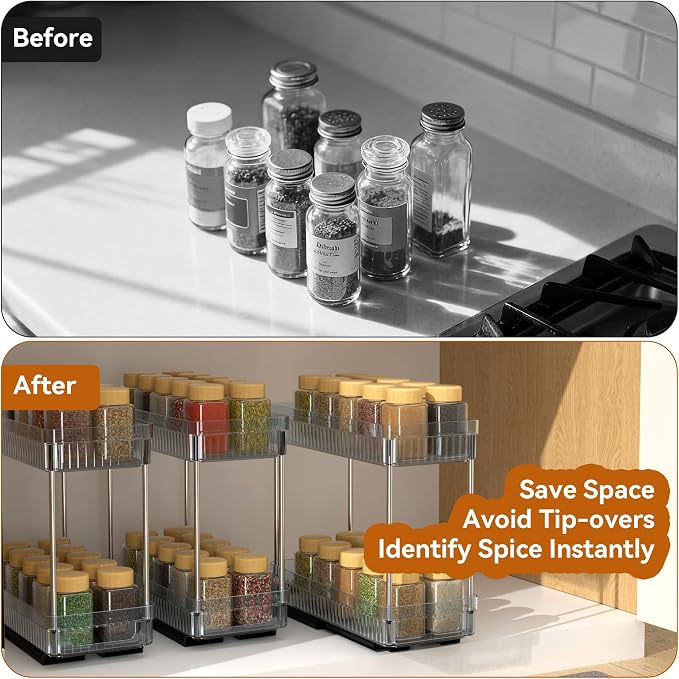 DABIGE 3 Pack Pull Out Spice Rack Organizer for Cabinet, 2 Tier Slide Out Spice Racks Organizer, Spice Cabinet Organizers, Cabinet Size Need:12'' High x 11'' Deep x 5'' Wide, Clear Acrylic - Image 8