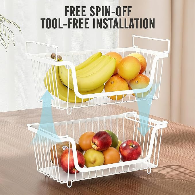 4 Pcs Stackable Wire Baskets for Pantry Organizers and Storage, | Vegetable Fruit Basket for Countertop,Kitchen Storage Metal Baskets,Produce Potato Onion Storage Bin,White - Image 7
