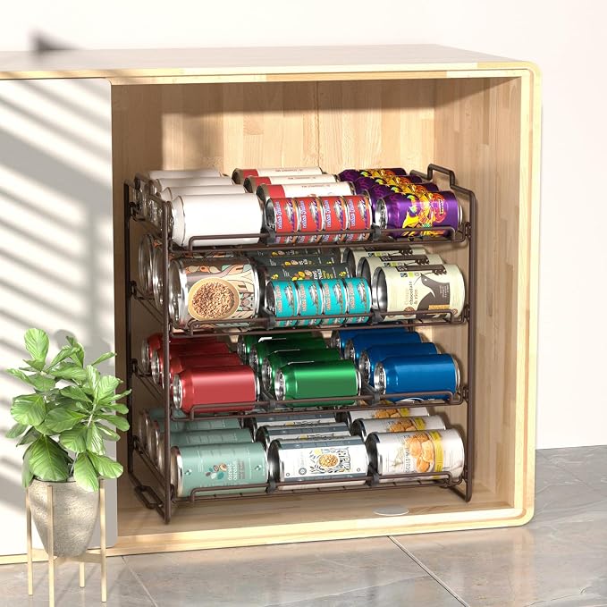 4 Tiers Stackable Can Rack Organizer, Wear-resistant Upgrade Beverage Food Can Dispenser Holder Holds up to 48 Cans for Kitchen Cabinet and Pantry (Brown) - Image 6